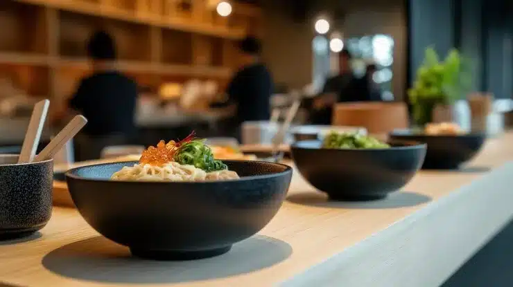 日式拉麵料理於餐廳吧台呈現精緻擺盤與用餐氛圍