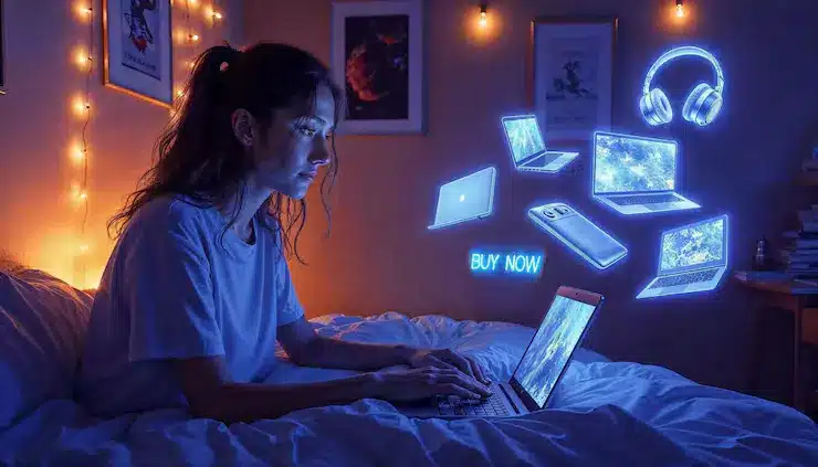 使用電腦進行線上購物與電商操作的夜間數位交易場景